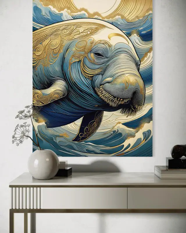 Charming Manatee in Hokusai Waves - Coastal Art - Glass Prints