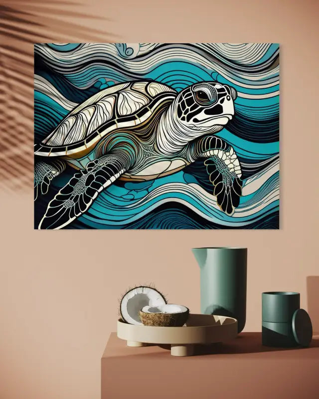 Colorful Sea Turtle Line Art - Coastal Wall Glass - Prints