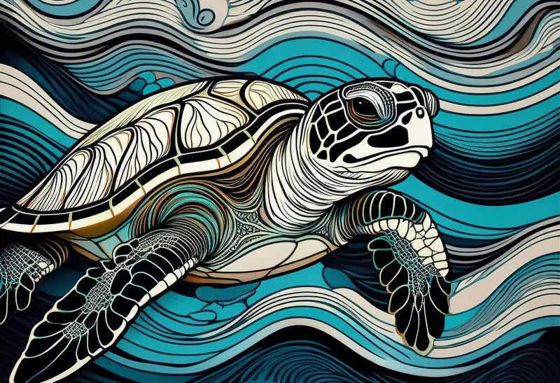 Colorful Sea Turtle Line Art - Coastal Wall Glass - Small 4.8’’ x 6.4’’ - Prints