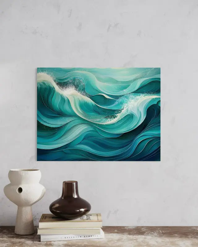 Emerald & Teal Waves: Stunning Abstract Glass Print for Coastal Decor - Beach Scene Printed