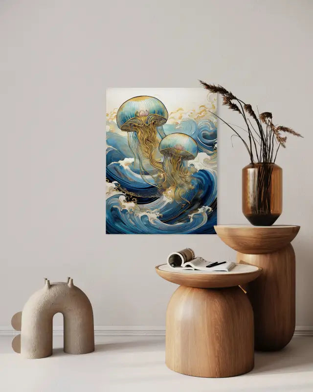 Glittering Jellyfish: Gold Waves Glass Print - Coastal Prints