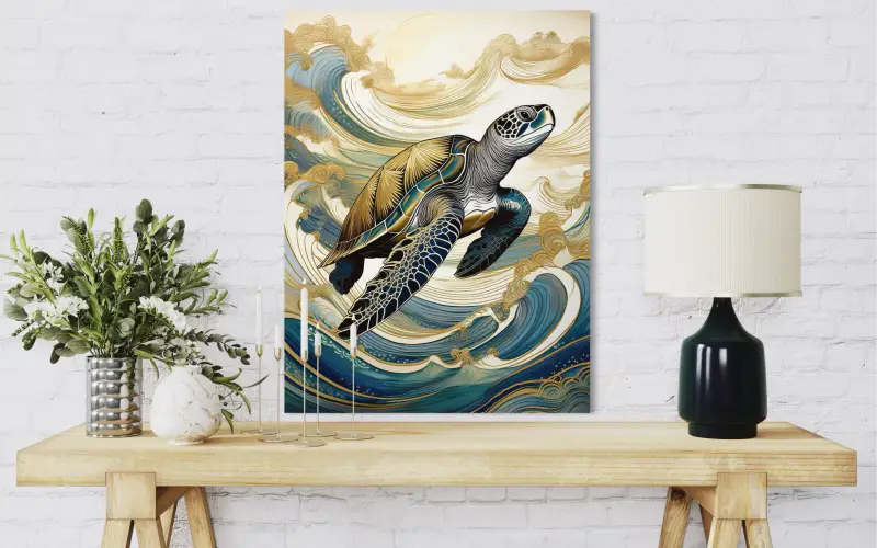 Gold Accented Sea Turtle Art for Coastal Decor and Serenity - Glass Prints