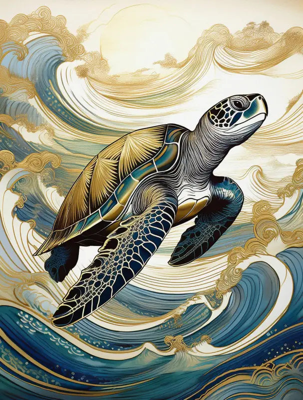 Gold Accented Sea Turtle Art for Coastal Decor and Serenity - Small 4.8’’ x 6.4’’ - Glass Prints