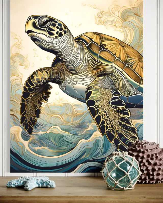 Gold Accented Sea Turtle Glass Print for Coastal Wildlife Decor - Prints