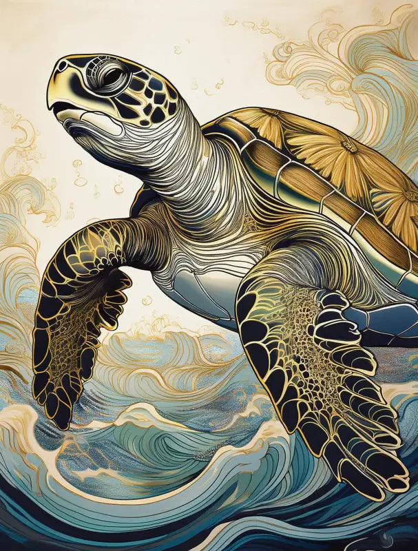 Gold Accented Sea Turtle Glass Print for Coastal Wildlife Decor - Small 4.8’’ x 6.4’’ - Prints