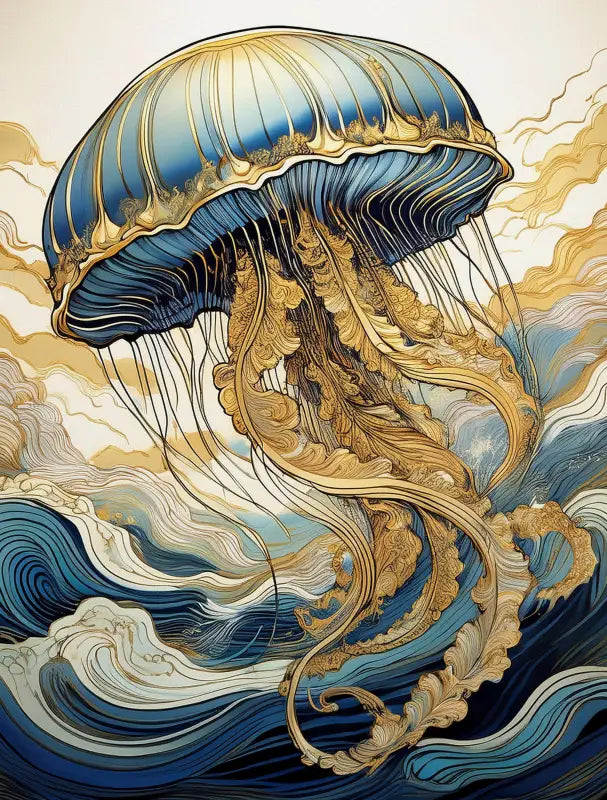 Golden Jellyfish Dance: Line Art in Hokusai Waves - Coastal Chic Decor - Small 4.8’’ x 6.4’’ - Glass Prints