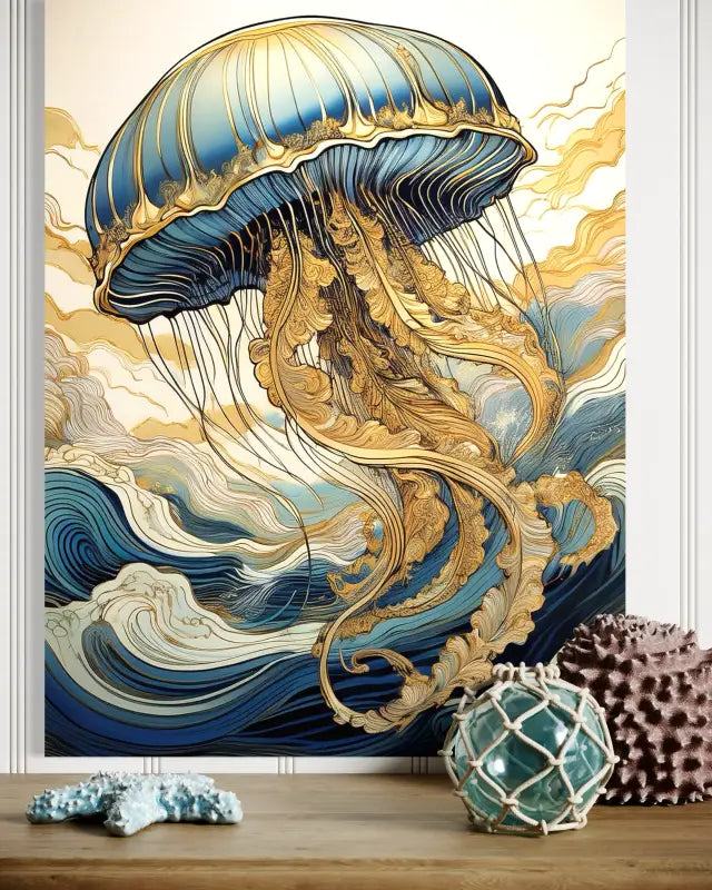 Golden Jellyfish Dance: Line Art in Hokusai Waves - Coastal Chic Decor - Glass Prints