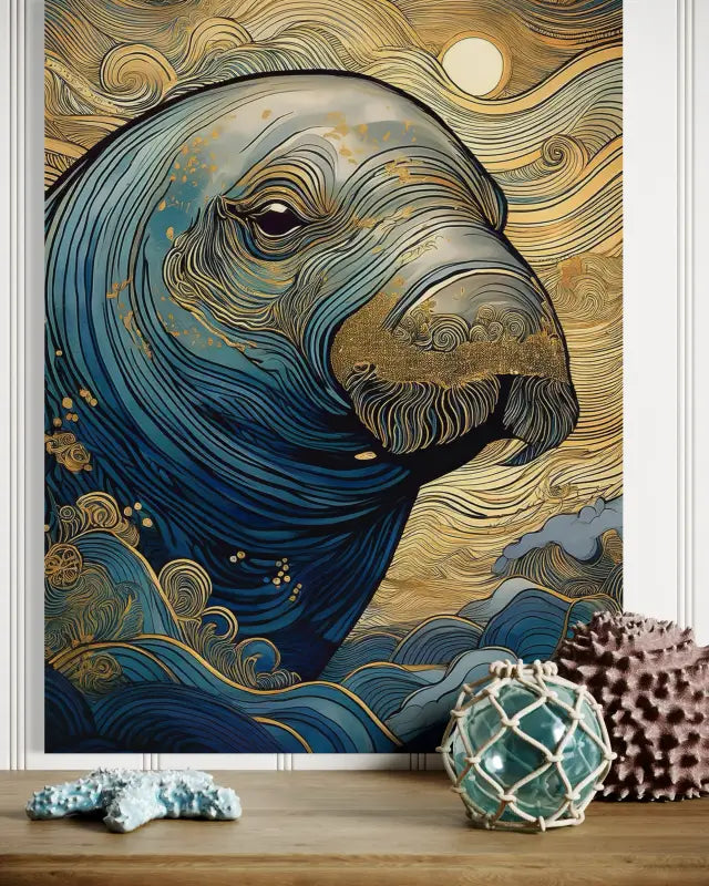 Majestic Manatee: Gold Accents in Hokusai Waves Line Art - Coastal Glass Prints