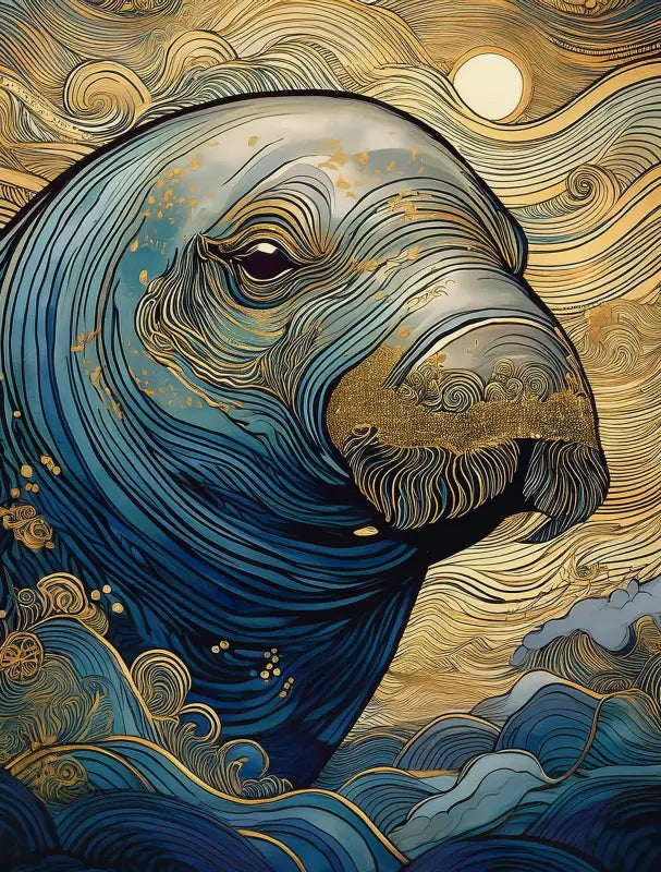 Majestic Manatee: Gold Accents in Hokusai Waves Line Art - Small 4.8’’ x 6.4’’ - Coastal Glass Prints