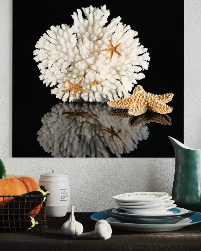 Ocean-Inspired Coral and Starfish Glass Artwork Decor - Shell Prints