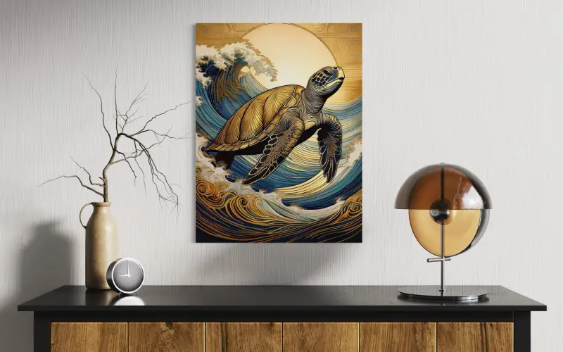 Sea Turtle in Gold Tipped Waves - Coastal Glass Art - Prints