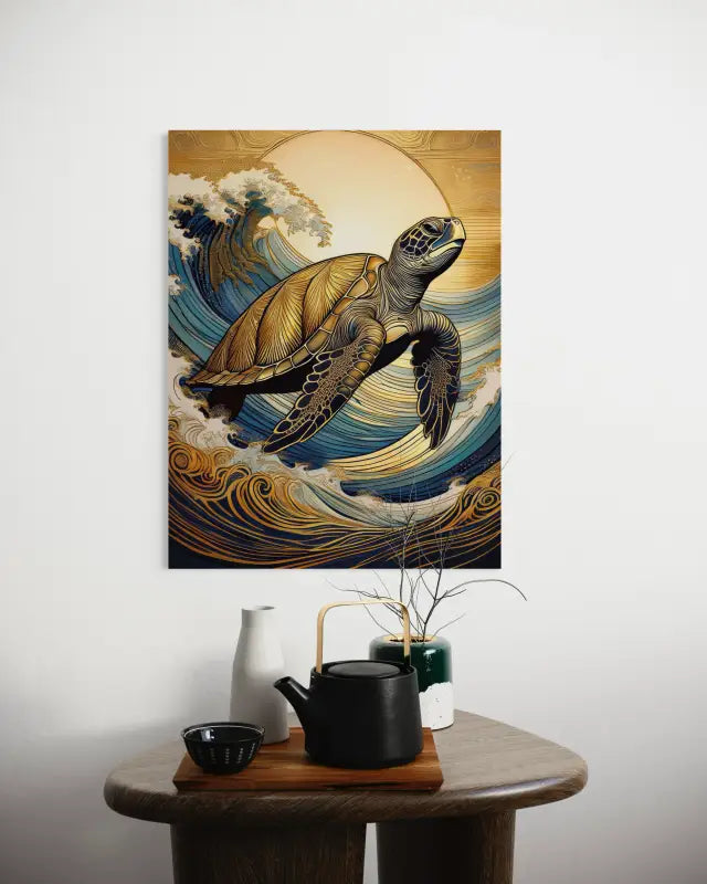 Sea Turtle in Gold Tipped Waves - Coastal Glass Art - Prints