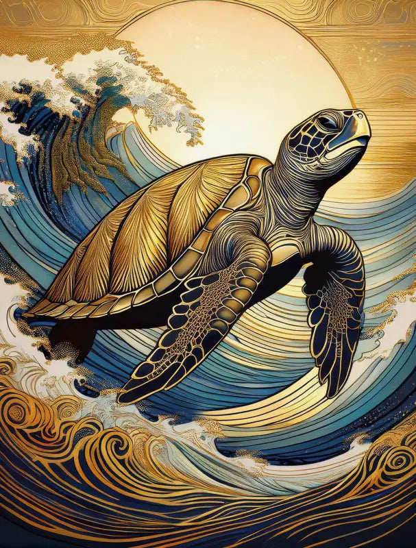 Sea Turtle in Gold Tipped Waves - Coastal Glass Art - Small 4.8’’ x 6.4’’ - Prints