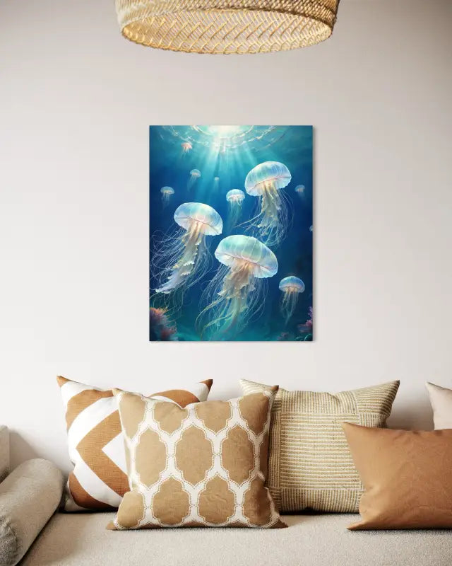 Serene Bioluminescent Jellyfish Art Glass Print - Coastal Prints