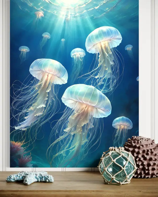 Serene Bioluminescent Jellyfish Art Glass Print - Coastal Prints