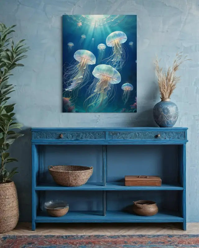 Serene Bioluminescent Jellyfish Art Glass Print - Coastal Prints