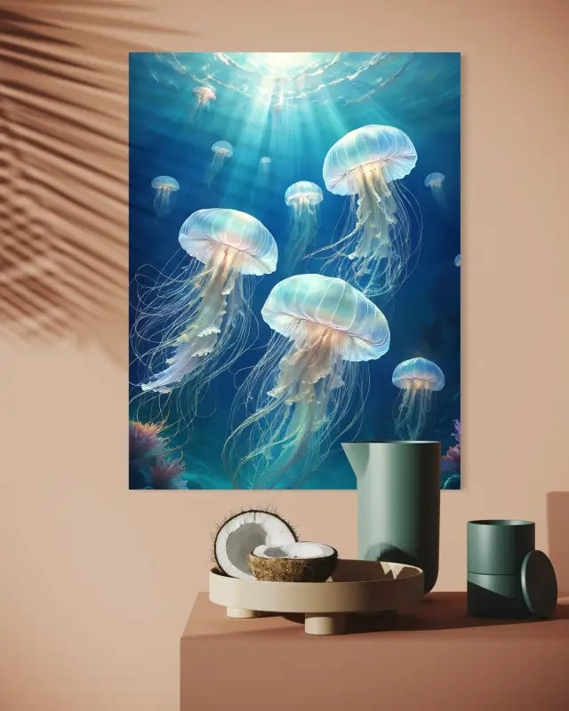 Serene Bioluminescent Jellyfish Art Glass Print - Coastal Prints