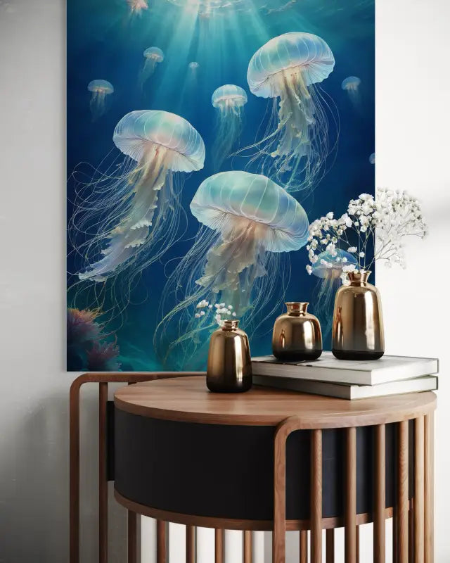 Serene Bioluminescent Jellyfish Art Glass Print - Coastal Prints