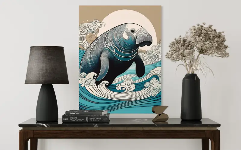 Serene Moonlit Manatee Glass Art - Coastal Prints