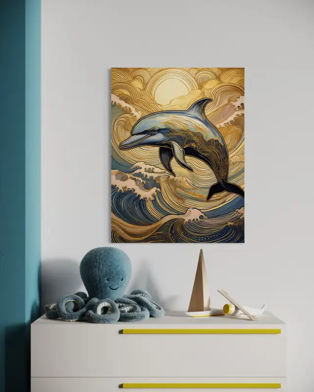 Shimmering Dolphin Adventure: Gold Accents in Sunrise Waves! - Coastal Glass Prints