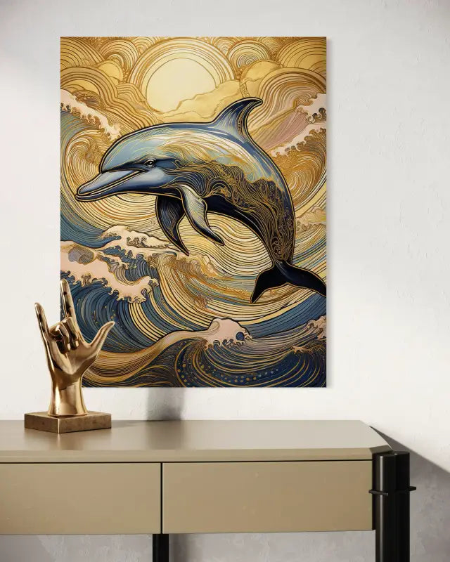 Shimmering Dolphin Adventure: Gold Accents in Sunrise Waves! - Coastal Glass Prints