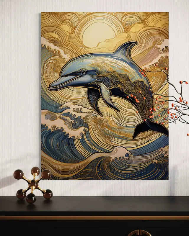 Shimmering Dolphin Adventure: Gold Accents in Sunrise Waves! - Coastal Glass Prints