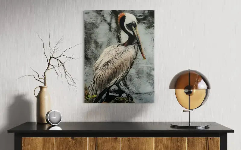 Brown Pelican in natural setting showcasing serenity of coastal wildlife in glass art.