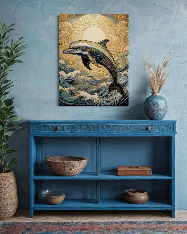 Sunset Dolphin Bliss: Gold Accents in Hokusai Waves! - Coastal Glass Prints