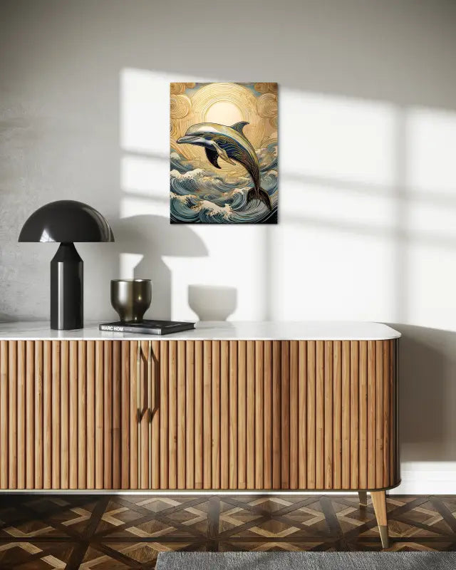 Sunset Dolphin Bliss: Gold Accents in Hokusai Waves! - Coastal Glass Prints