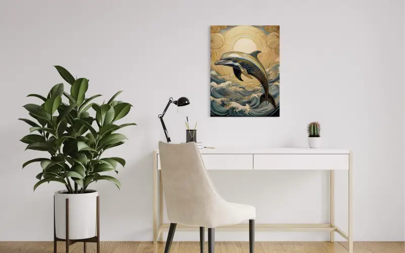 Sunset Dolphin Bliss: Gold Accents in Hokusai Waves! - Coastal Glass Prints