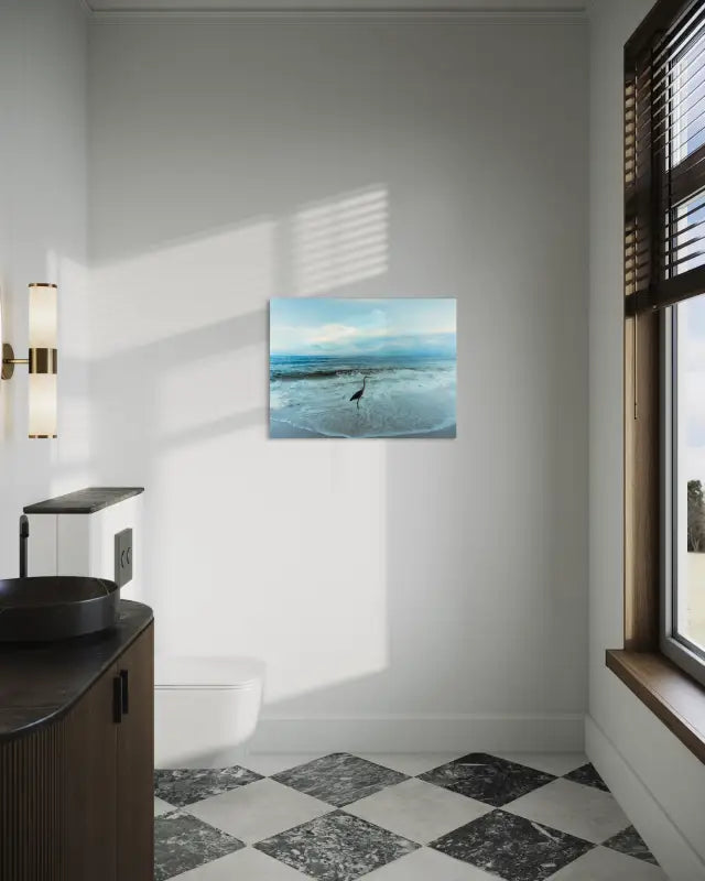 Tranquil Heron Coastal Glass Artwork - Beach Scene Printed