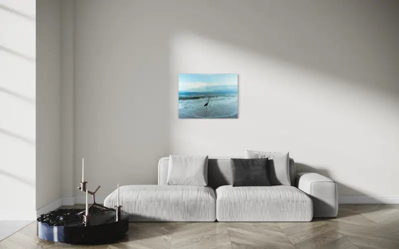 Tranquil Heron Coastal Glass Artwork - Beach Scene Printed